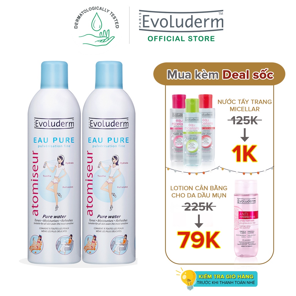 [Mã FMCGMALL giảm 8% đơn 250K] Bộ 2 Xịt khoáng dưỡng da cấp ẩm Evoluderm Atomiseur Eau Pure 400ml/chai