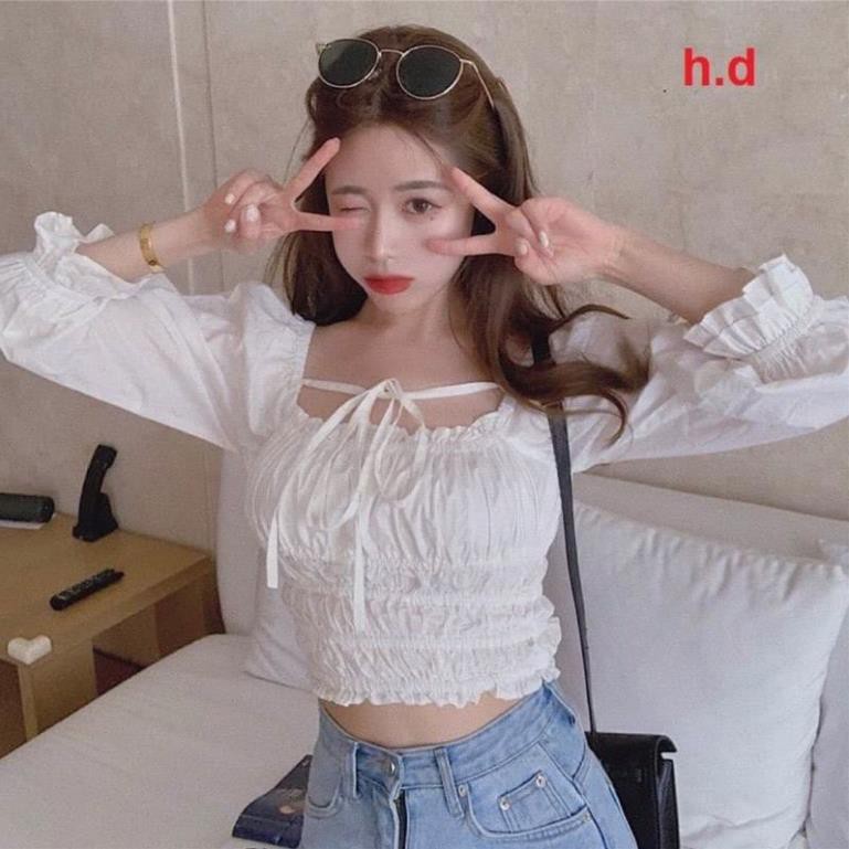 (Sẵn Hàng) Áo Sơ Mi  Nữ cổ vuông trắng trơn dài tay có dây ❤  Áo croptop buộc nơ Vintage tiểu thư  thời trang Hàn Quốc