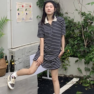 Đầm polo ZHELIHANGFEI dệt kim ngắn tay dáng rộng kẻ sọc cá tính thời trang