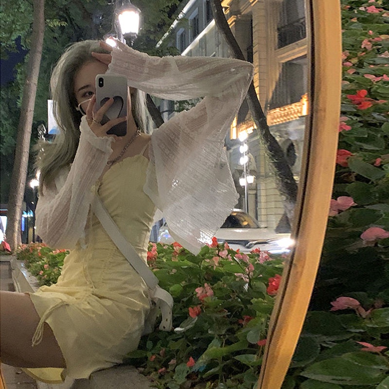 Áo Khoác Cardigan Mỏng Phối Ren Màu Trắng Thời Trang Mùa Hè 2022 Cho Nữ