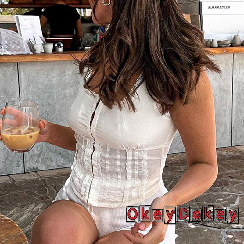 Áo Không Tay Cổ Vuông Viền Ren Cài Nút Thời Trang Dự Tiệc Cho Nữ