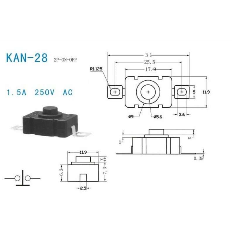 Công tắc đèn pin 2P KAN-28 dạng ấn