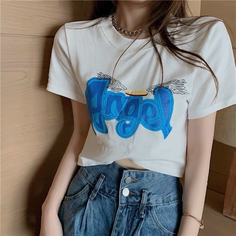 Áo thun croptop cổ tròn angle hai màu