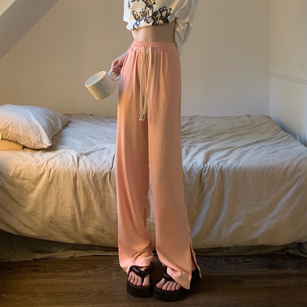 Quần ống rộng Lưng Cao Vải Lụa Mát Mỏng Phối Dây Rút 5 Màu Sắc Trẻ Trung
