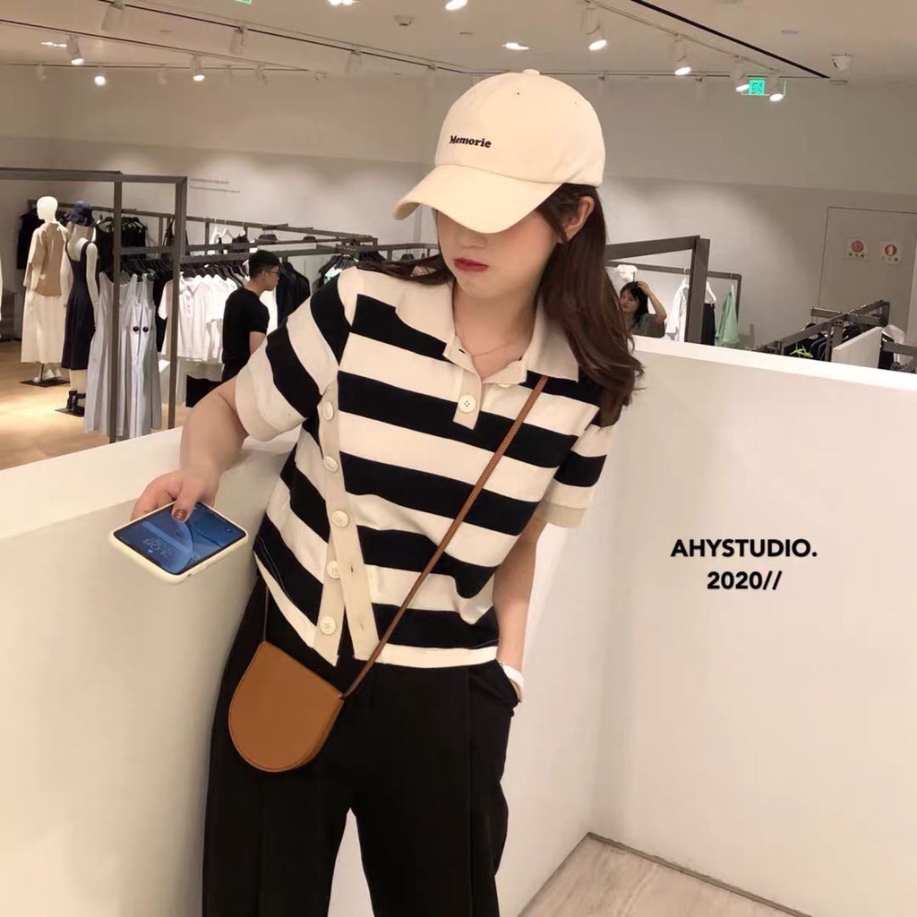 Áo polo Tay Ngắn Họa Tiết Kẻ Sọc Thời Trang Hàn Quốc Cho Nữ