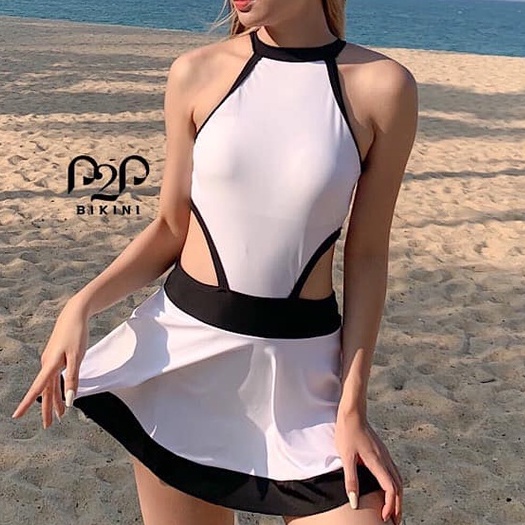 P2P BIKINI - Monokini cổ yếm cut out phối viền màu dạng váy xòe - MN350M_CY