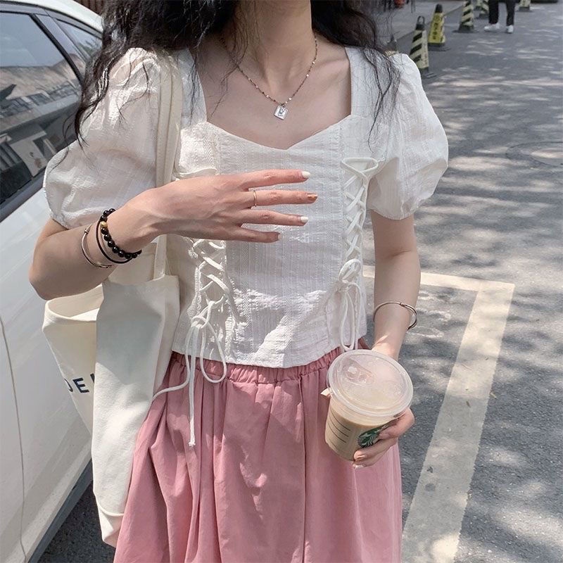 Áo Sơ Mi Trắng Cổ Vuông Tay Phồng Phong Cách Pháp Ngọt Ngào Thời Trang Mùa Hè Cho Nữ