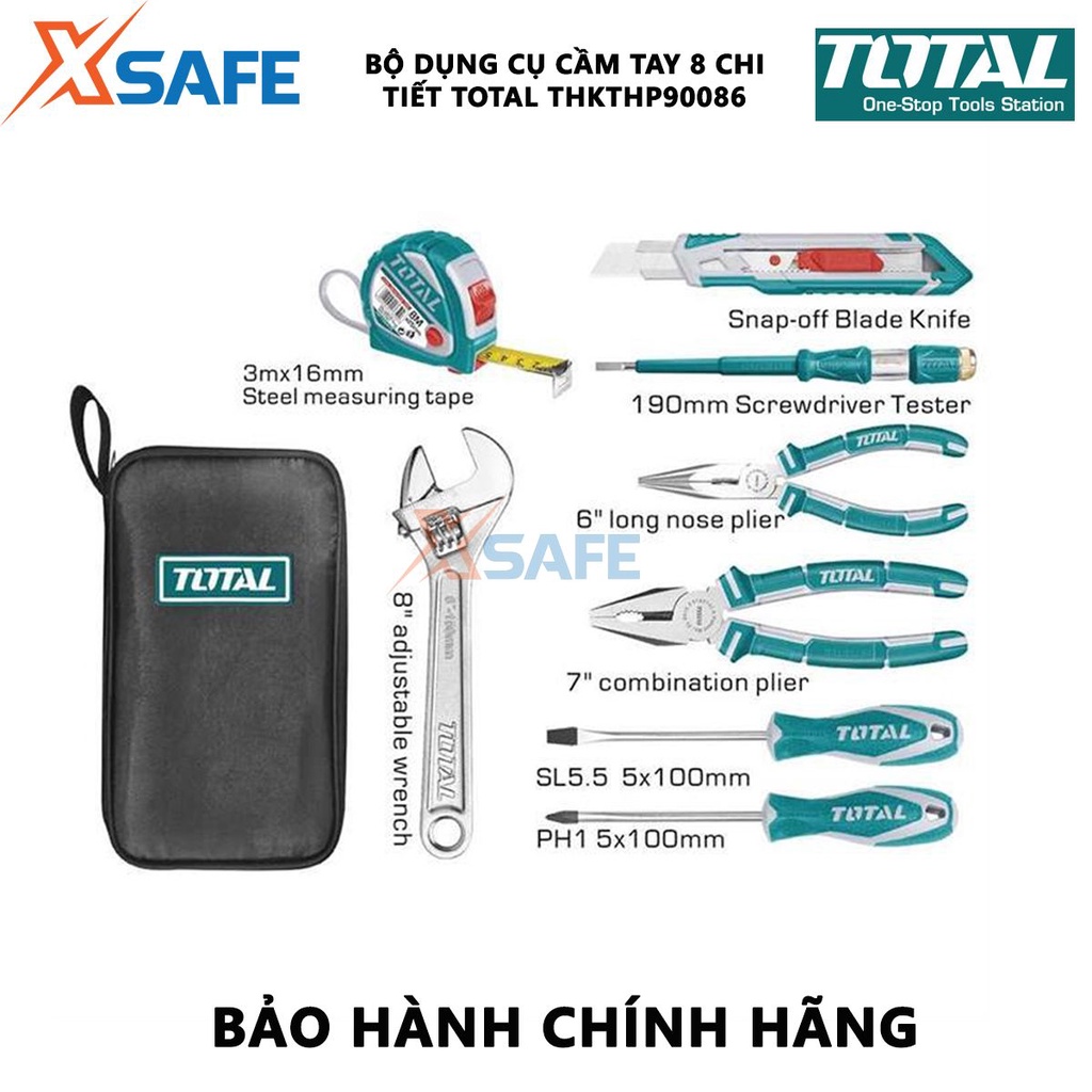 Bộ đồ nghề cầm tay 8 chi tiết TOTAL THKTHP90086 gồm thước cuộn, tua vít, mỏ lết, kềm cắt mỏ dài - chính hãng