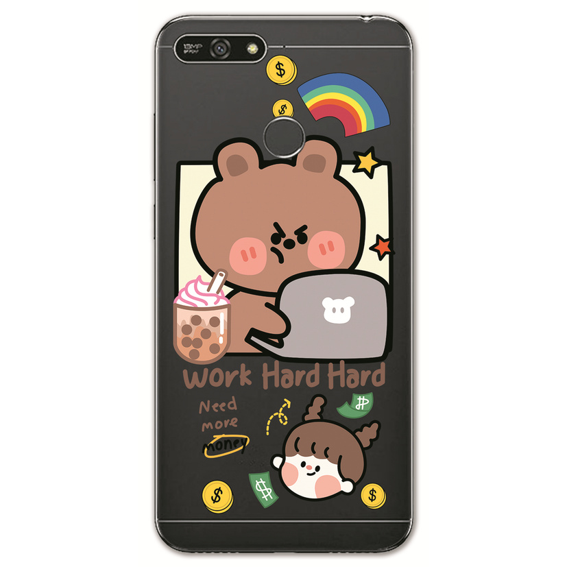 Huawei Honor 7S 7A Pro/7X/Y9 Y5 Y6 Prime 2018 INS Cute Cartoon Work hard Brown bear Clear Soft Silicone TPU Phone Casing Lovely label Graffiti Case Back Cover Couple