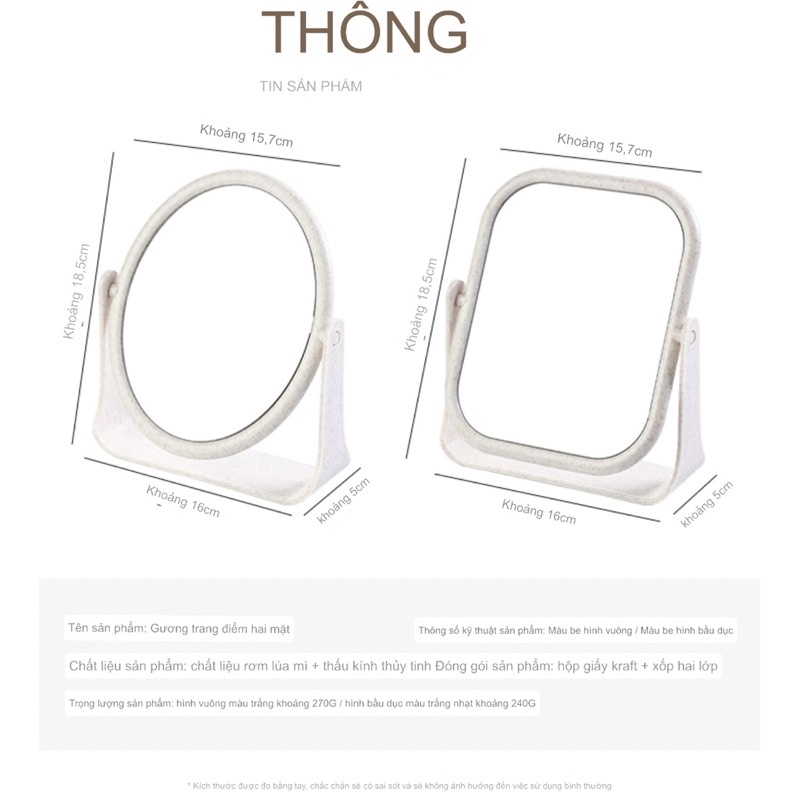 Gương trang điểm lúa mạch xoay 360 độ để bàn, gương soi di động mini hai mặt