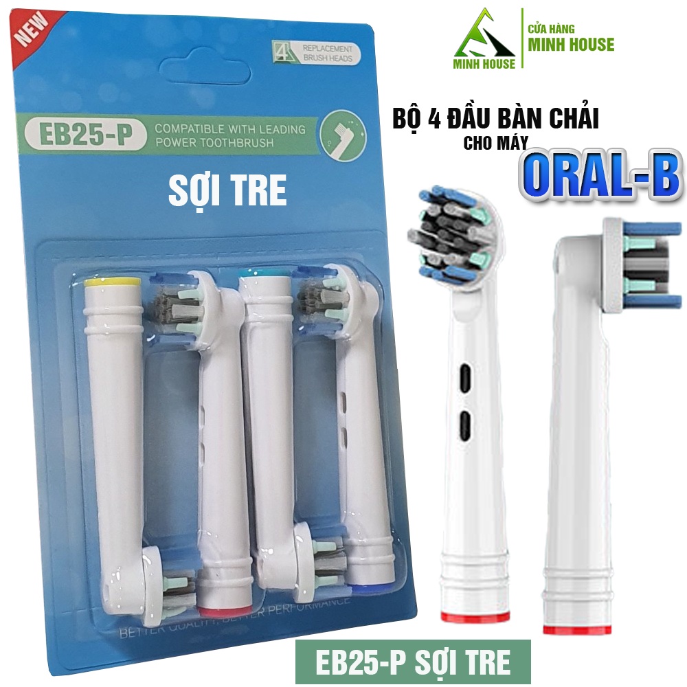 Cho máy Oral B, Set 4 đầu bàn chải than sợi tre kháng khuẩn EB18-P, EB20-P, EB25-P Minh House