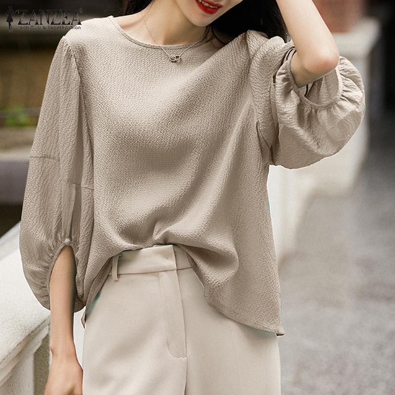 Áo Kiểu Tay Phồng Cổ Tròn 3 / 4 Màu Trơn Thời Trang Cho Nữ ZANZEA