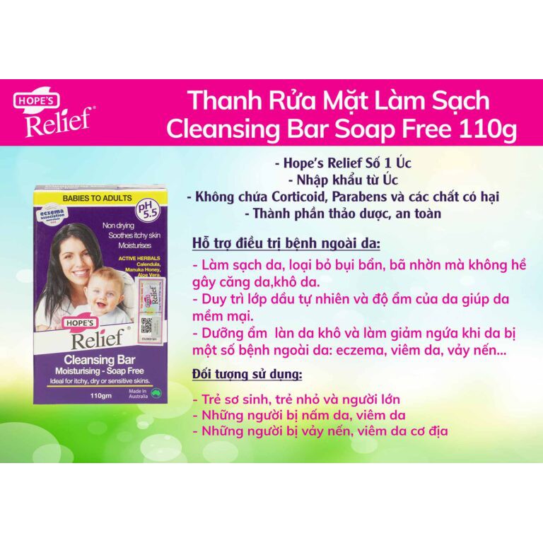 Thanh Rửa Mặt Làm Sạch Giữ Ẩm Cho Da Khô Ngứa, Nhạy Cảm Hope's Relief Cleansing Bar Soap Free 110g