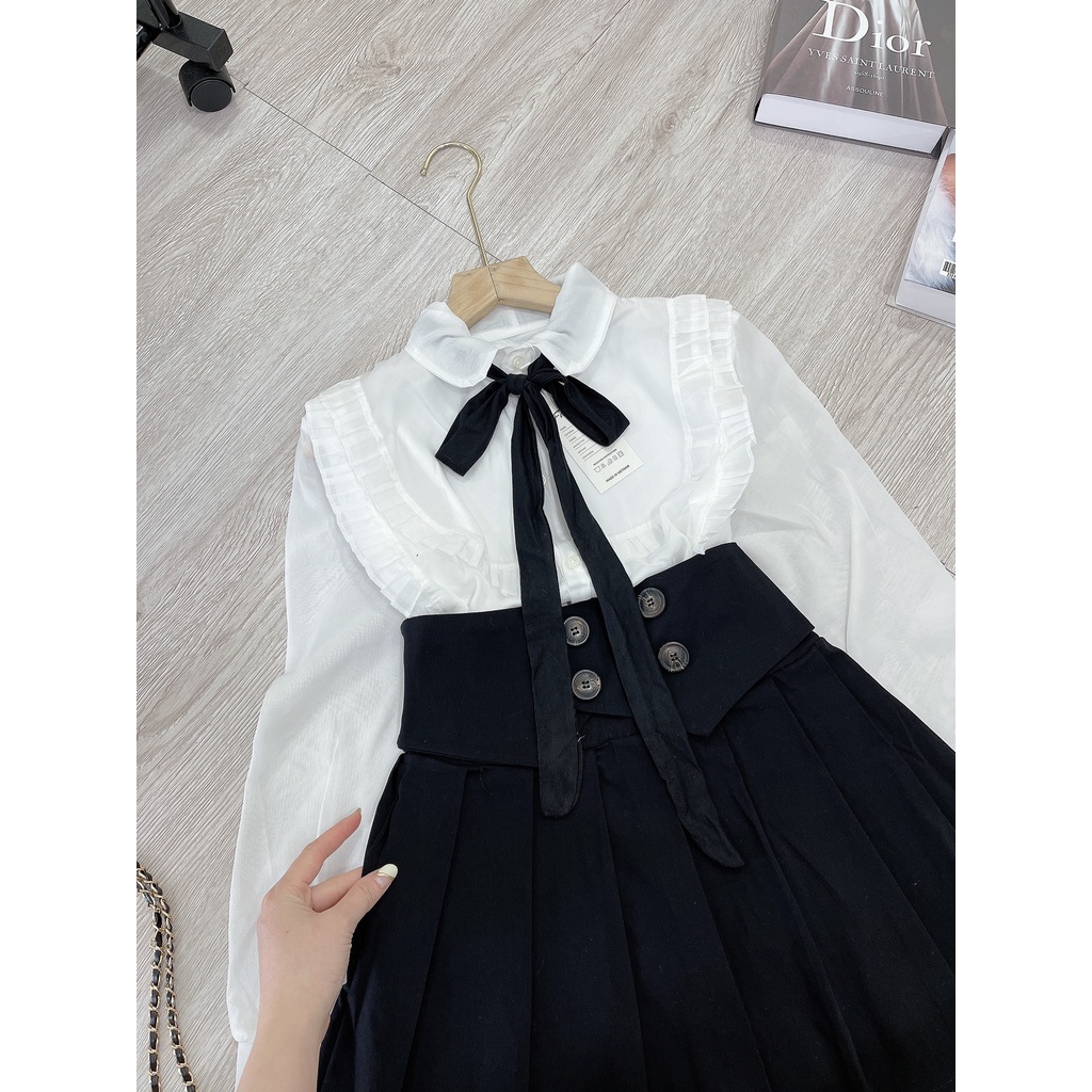 Set sơ mi nơ dài tay mix chân váy xếp li ngắn 4 hàng cúc DN011