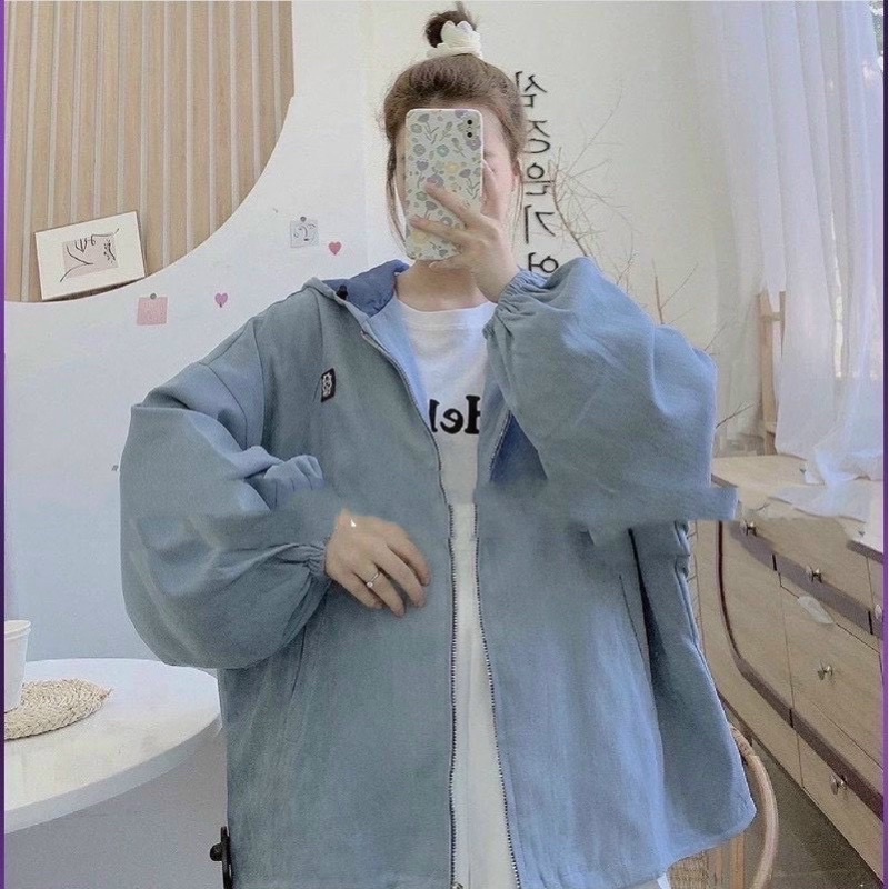 Áo khoác dạ lộn nữ, áo gió có nón chống nắng rút gấu hình bò sữa  ulzzang thời trang