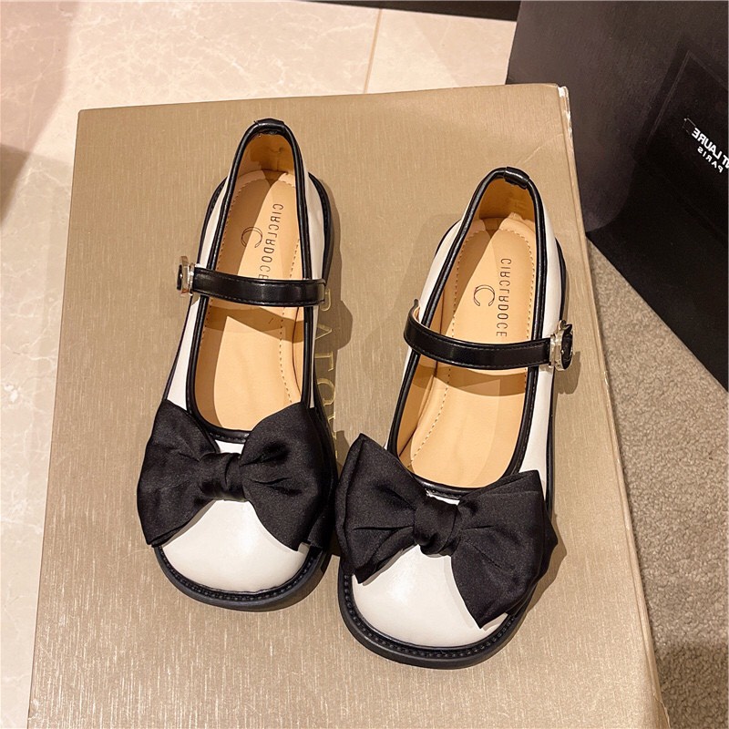 Giày búp bê nữ đính nơ lụa phối quai cài ngang lên chân cực xinh - K5