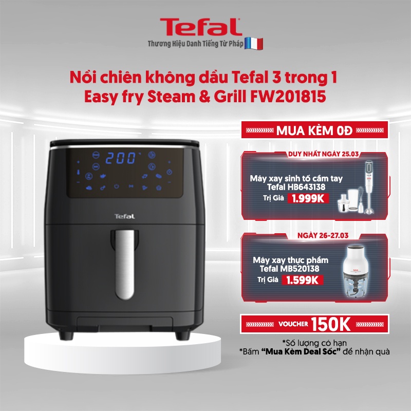 [Mã ELTEFALWL5 giảm 10% đơn 500K] Nồi chiên không dầu Tefal 3 trong 1 Easy fry Steam &amp; Grill FW201815