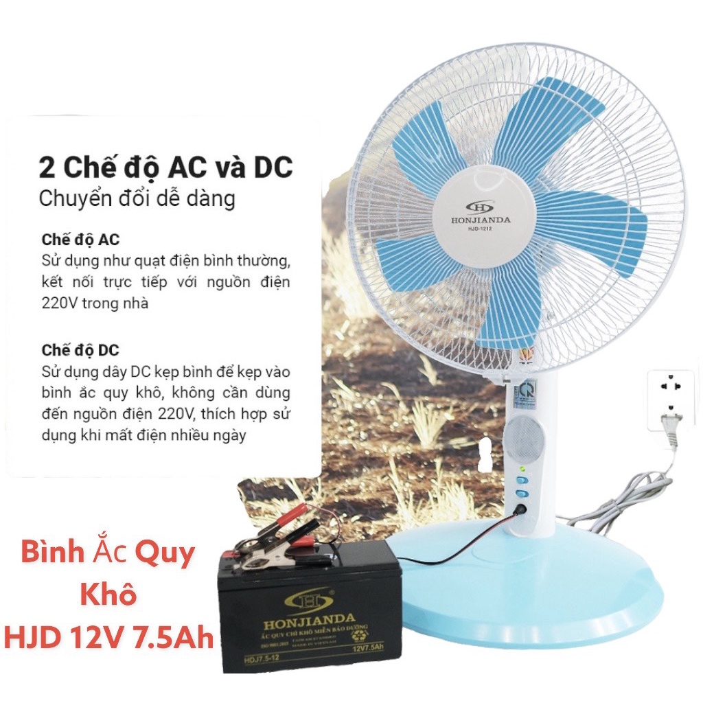 Bình Ắc Quy Khô 12V 7.5Ah Honjianda Dùng Cho Quạt Tích Điện