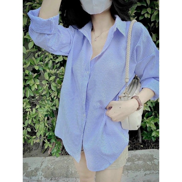 ‼️set sơmi sọc xanh + quần sọt nude