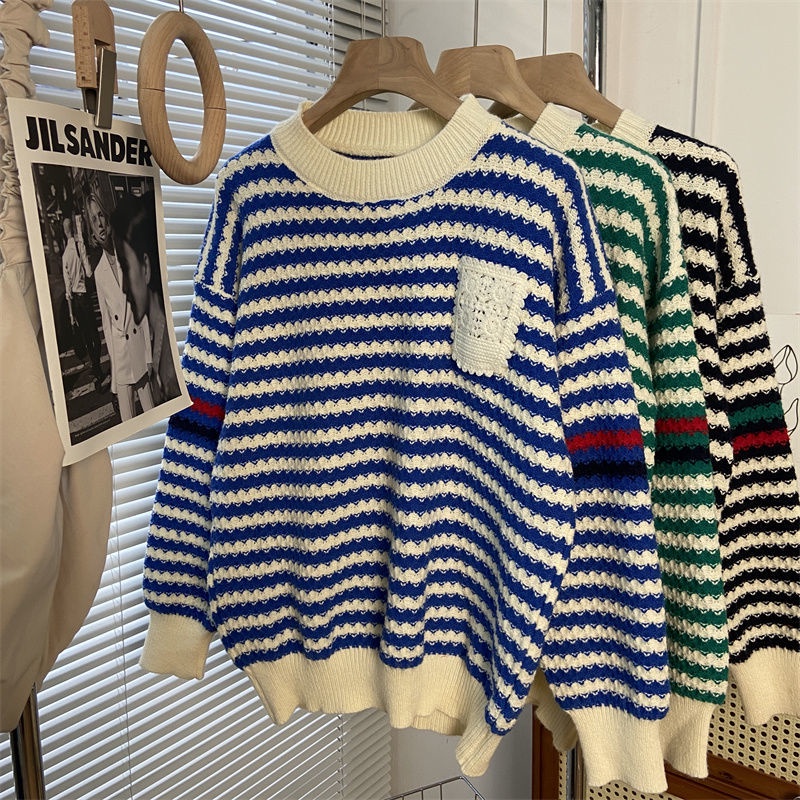 Áo sweater Dệt Kim Cổ Tròn Dáng Rộng Kẻ Sọc Màu Sắc Tương Phản Thời Trang Thu Đông Cho Nữ
