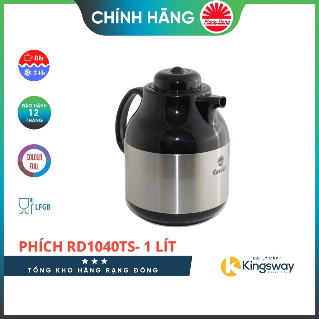 Phích Pha Trà Rạng Đông Dung Tích 1 lít phích nước giữ nhiệt thân Inox vai nhựa dạng nút ấn Model RD 1055 ST1E