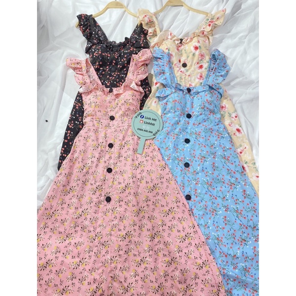 Đầm bông hai dây phối cúc dáng dài đầm maxi bông kèm mút sẵn Linh htt