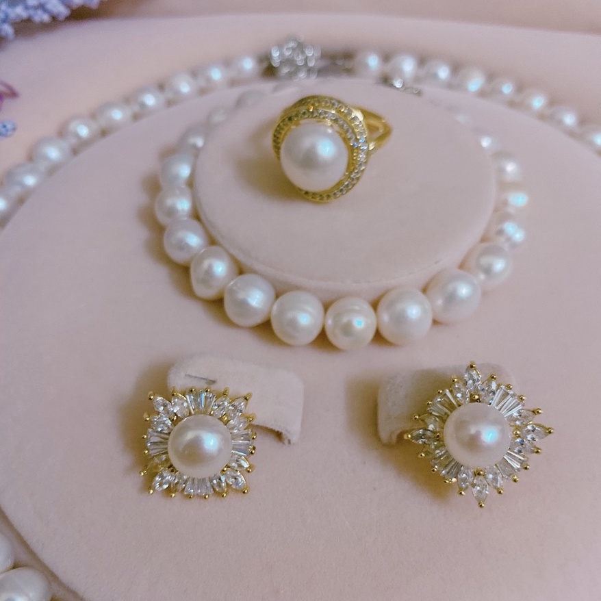 Bộ trang sức trai thật tự nhiên nuôi nước ngọt 10li trắng 4 món đã có hộp