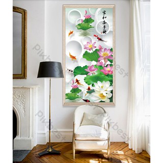 Tranh dán tường Hồ sen và cá chép nhật sinh động, Tranh 3D dán tường hiện đại (tích hợp sẵn keo), MS880717