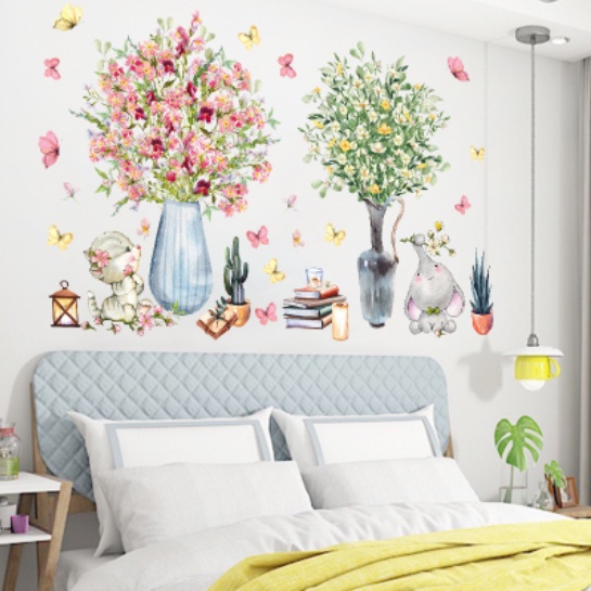 Decal trang trí tường - Bình hoa nở rộ cùng đàn bướm xinh
