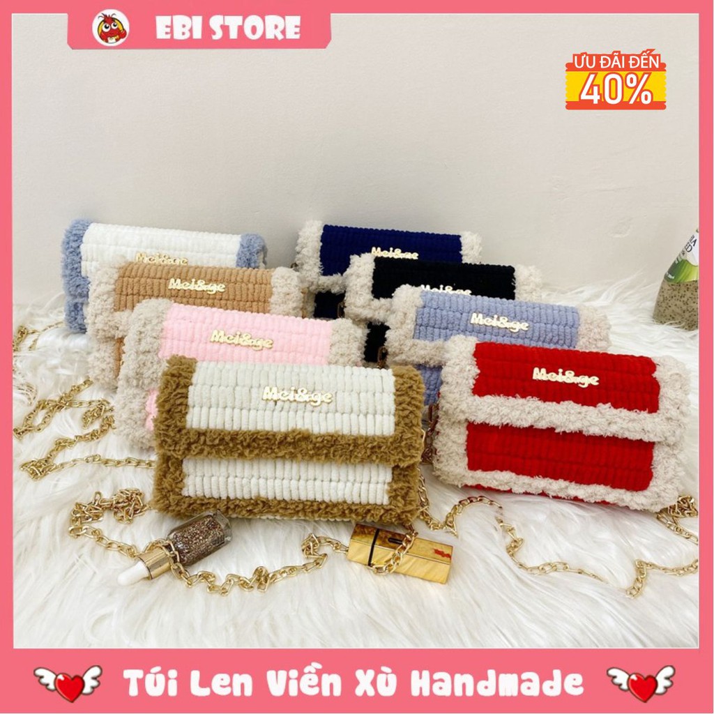 [Siêu Rẻ] Túi Len Viền Xù ❤️ Ebi Store - Freeship ❤️ Túi Len Tự Đan Phối Màu Sành Điệu, Nguyên Set Phụ Kiện