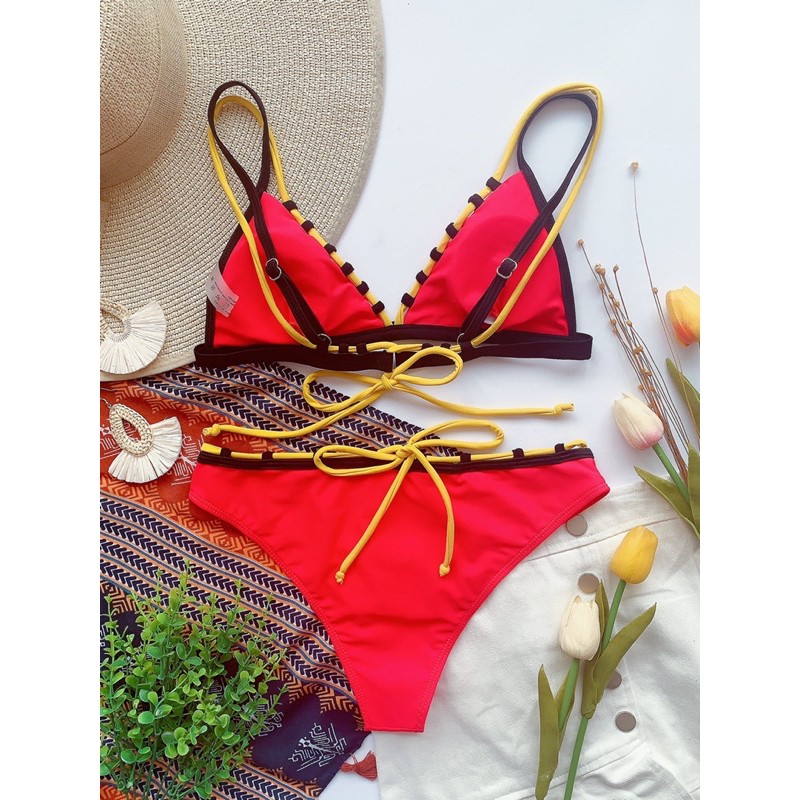 [BKN857] &lt;ÂU&gt; SET BIKINI ĐỎ VIỀN ĐEN VÀNG