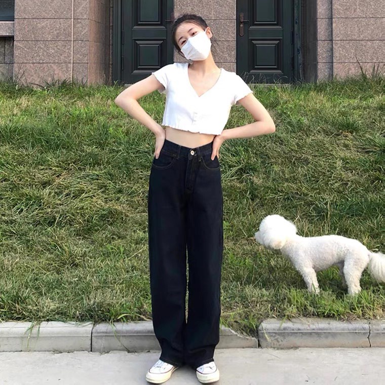 Quần Jean baggy nữ ống xuông rộng lưng cao phong cách Ulzzang Retro Jean xanh đậm  TR01