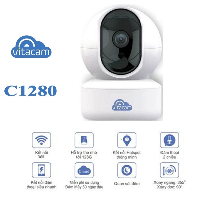 Camera không dây Wifi Vitacam C1280 2.0 Pro 3Mpx Ultra HD công nghệ AI xoay 360 độ - Hàng Chính Hãng