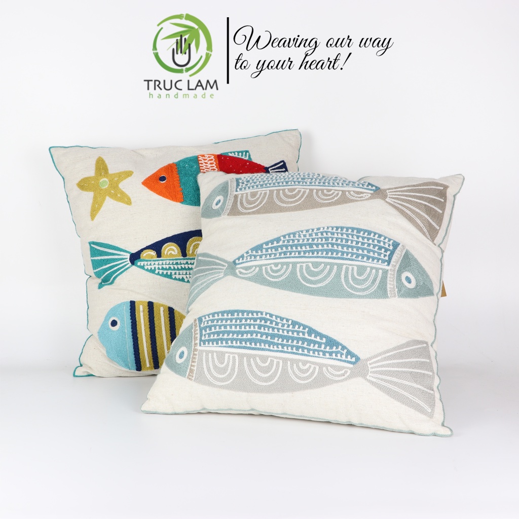 Gối/Vỏ Gối Vuông Tựa Lưng Sofa(45x45) Trang Trí Phòng Vải Linen Thêu Thủ Công Hình Con Cá Và Sao Biển- Trúc Lâm Handmade