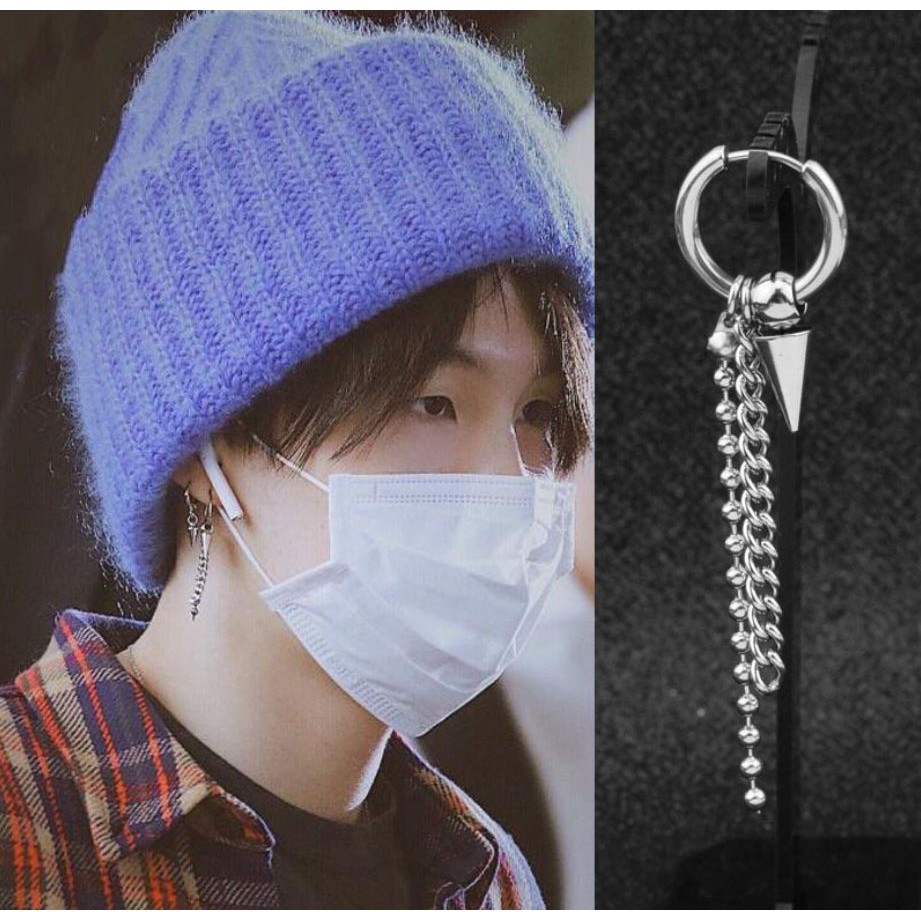 Hoa tai Khuyên tai giống BTS Suga tròn bấm khuyên với 2 sợi xích và đầu nhọn
