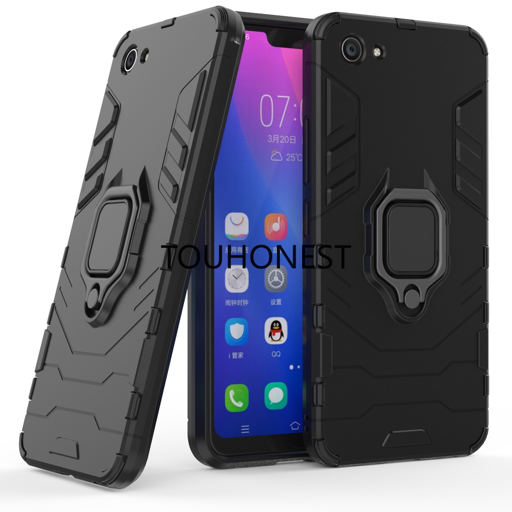 Ốp Điện Thoại Cứng Chống Sốc Kèm Móc Xỏ Ngón Kim Loại Cho Casing Vivo Y81 Case Vivo Y81T Cassing Vivo Y83 Y85 Y55 Y55S Cover Vivo V9 T1 Case Armor PC Shockproof Hard Cases With Metal Ring Stand Phone Case