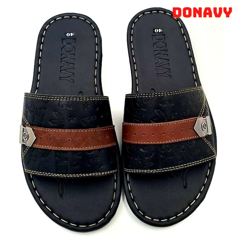 Dép Quai Ngang Nam Da Bò DONAVY Cao Cấp, Đính Dây Da Bò Giữa Quai Cách Điệu D.3CN
