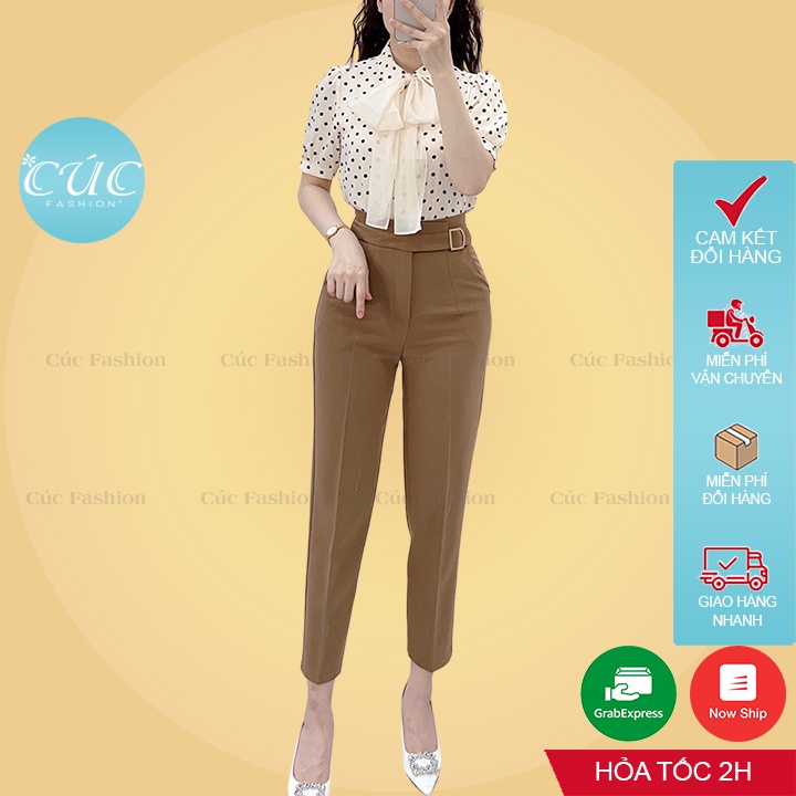 Áo sơ mi nữ CÚC FASHION somi tay ngắn cao cấp vải lụa đẹp thời trang công sở vàng xanh trắng đi học chấm bi nơ tơ A1070