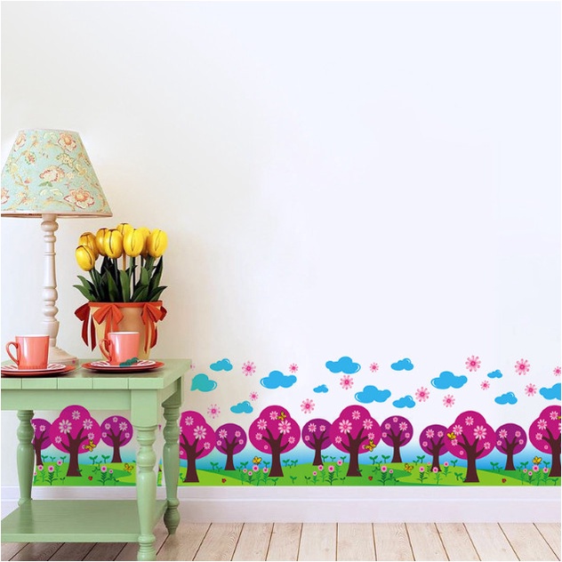 Decal trang trí tường - Chân tường hàng cây tím trên thảm cỏ