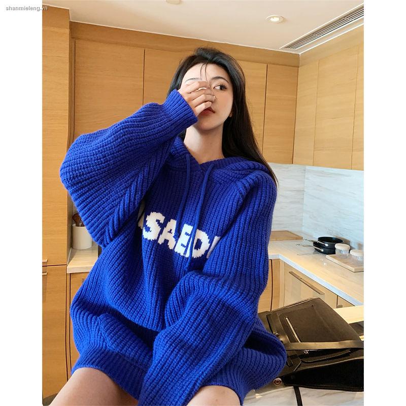 Áo hoodie dệt kim dáng rộng in chữ phong cách Hàn Quốc thời trang thu đông mới cho nữ