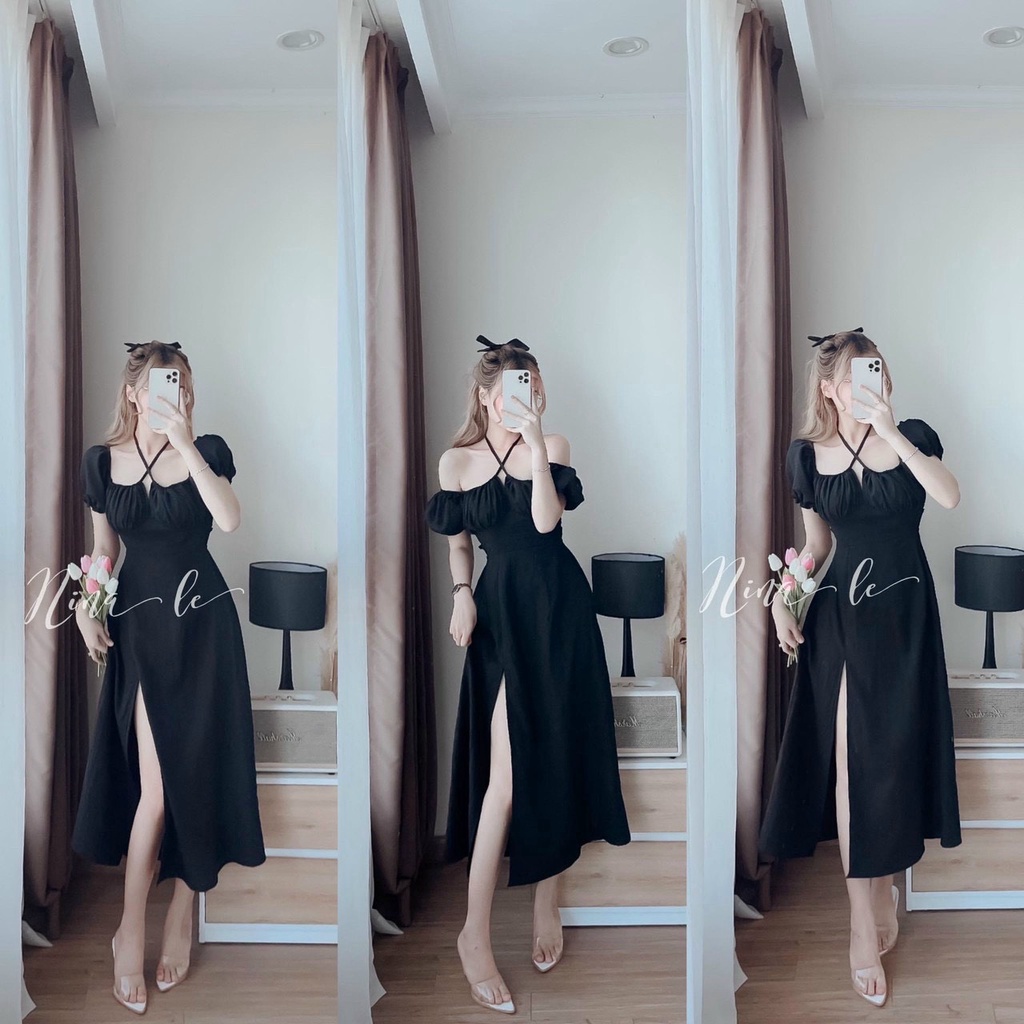 Đầm Nhún Ngực Có Mút Dây Yếm Cut Out Lưng Bo Chun Tay Bồng Sẻ Tà Màu Đen Sang