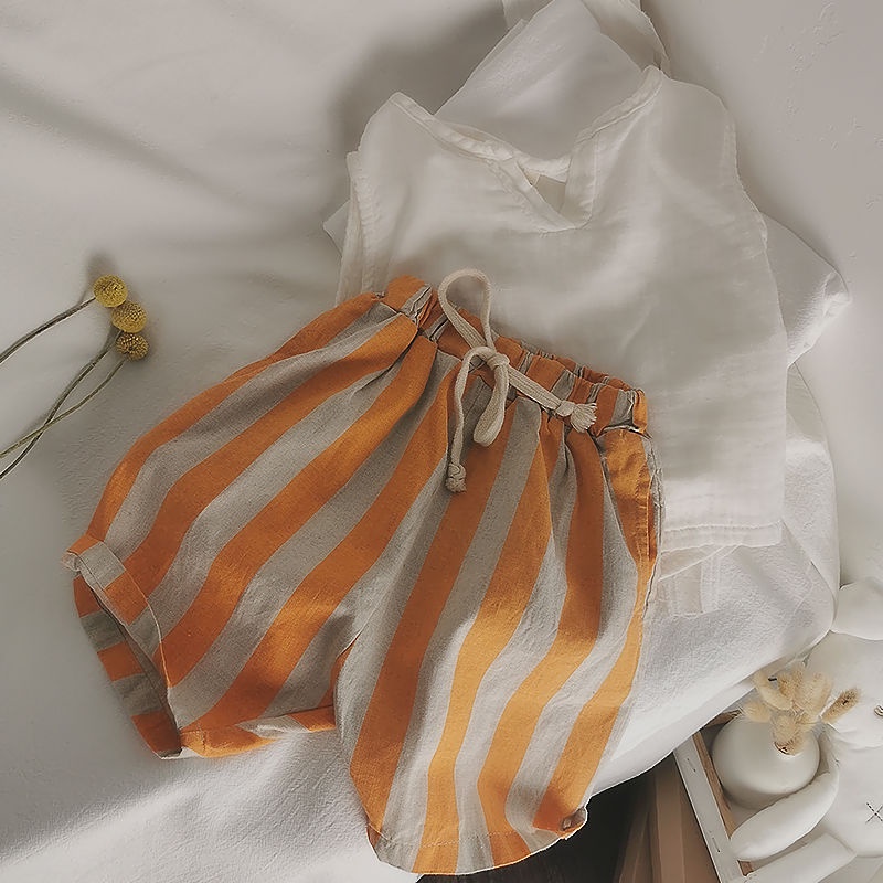 [Babycat] Hàng Có Sẵn Quần Short Linen Kẻ Sọc Rộng Bảo Vệ Môi Trường Phong Cách Nhật Hàn Retro Nhật Bản Thời Trang Mùa Hè Cho Trẻ Em 2022