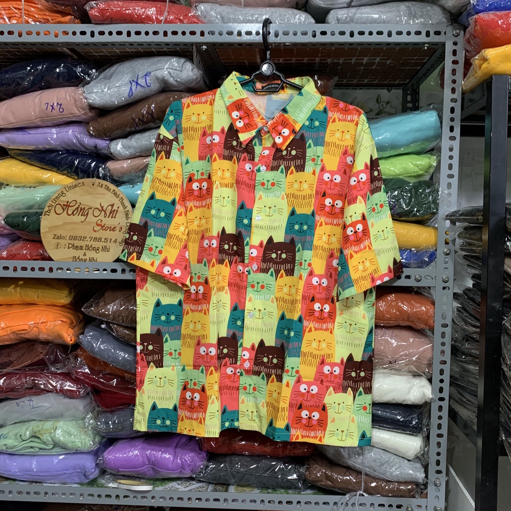 Áo Sơ Mi Họa Tiết Con Mèo May Mắn Tay Lỡ Dáng Rộng Ulzzang Unisex, Sơ Mi Đi Biển - MM