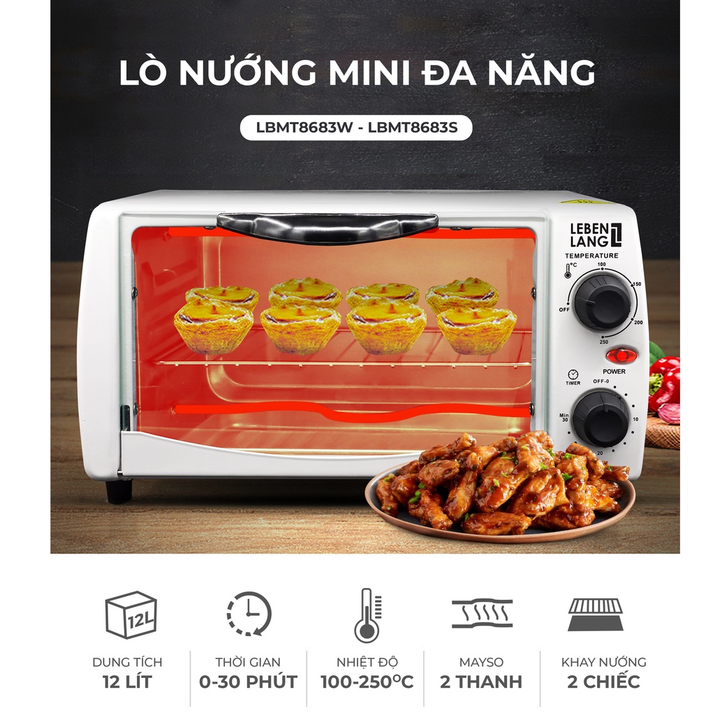 Lò nướng mini đa năng LEBENLANG, công suất 800W, dung tích 12l, bảo hành 24 tháng, màu trắng - LBMT8683W