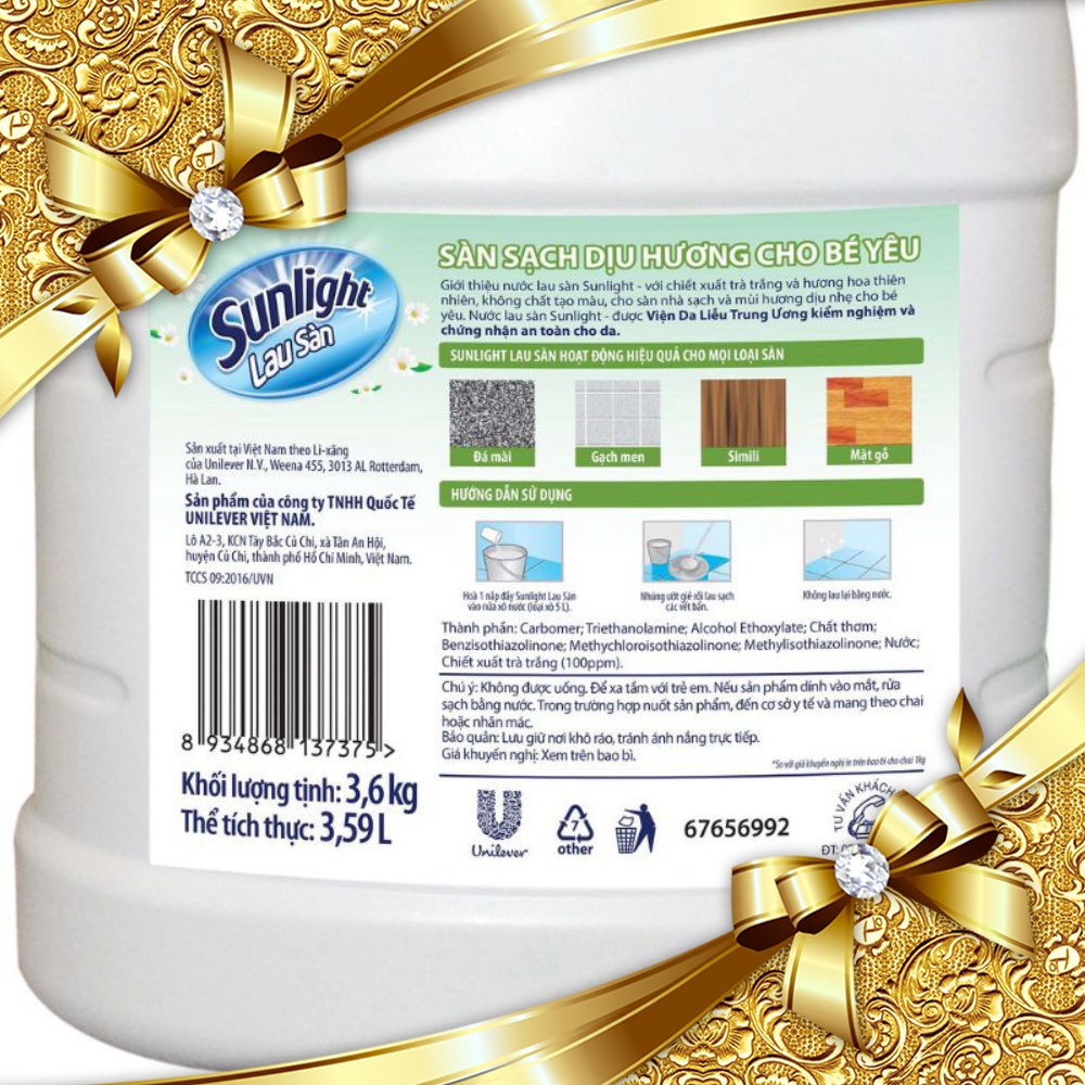 Nước lau sàn Sunlight Hương Hoa Thiên Nhiên, Sạch Dịu nhẹ - An toàn cho Da từ tre và lô hội , can 3.6kg