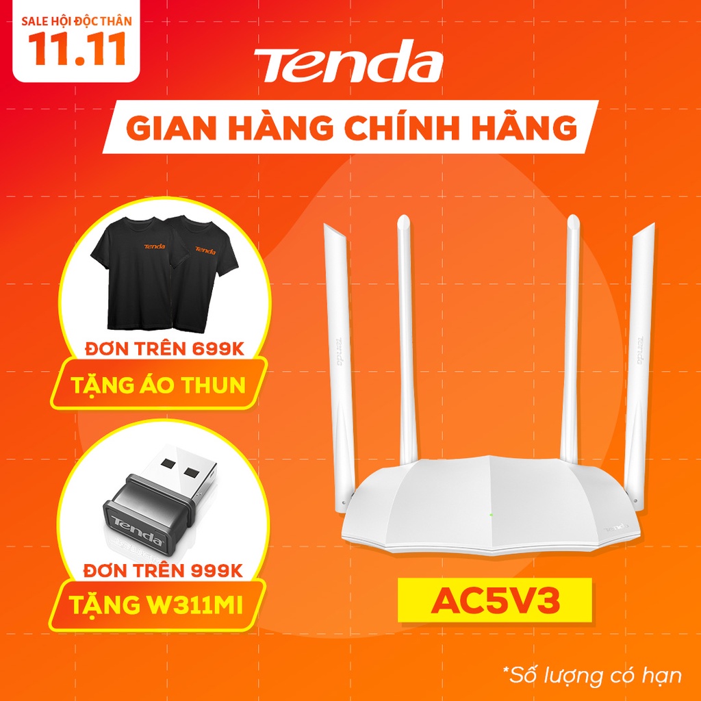[Mã 11ELSALE hoàn 7% xu đơn 500K] Tenda Thiết bị phát Wifi AC5 Chuẩn AC 1200Mbps - Hãng phân phối chính thức