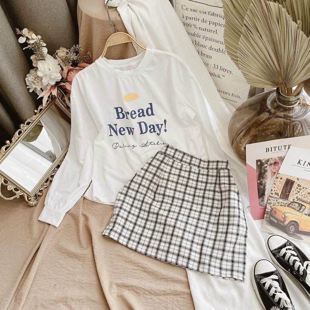 Bộ Chân Váy Kẻ BREAD NEW DAY Áo Phông Nữ 🦋 Set Chân Váy Chữ A Cạp Cao Kèm Áo Phông 🦋