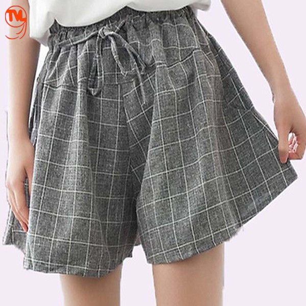 Quần đùi nữ TVL1999 ống rộng dáng giả váy, họa tiết kẻ caro dây buộc nơ đáng yêu chất liệu cotton cao cấp, dễ phối đồ