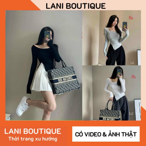 Áo Body Nữ Dài Tay Xẻ Tà Với Cổ Bèo Vạt Lệch 3 Màu Đen Xám Trắng mã 616 - Lani Boutique