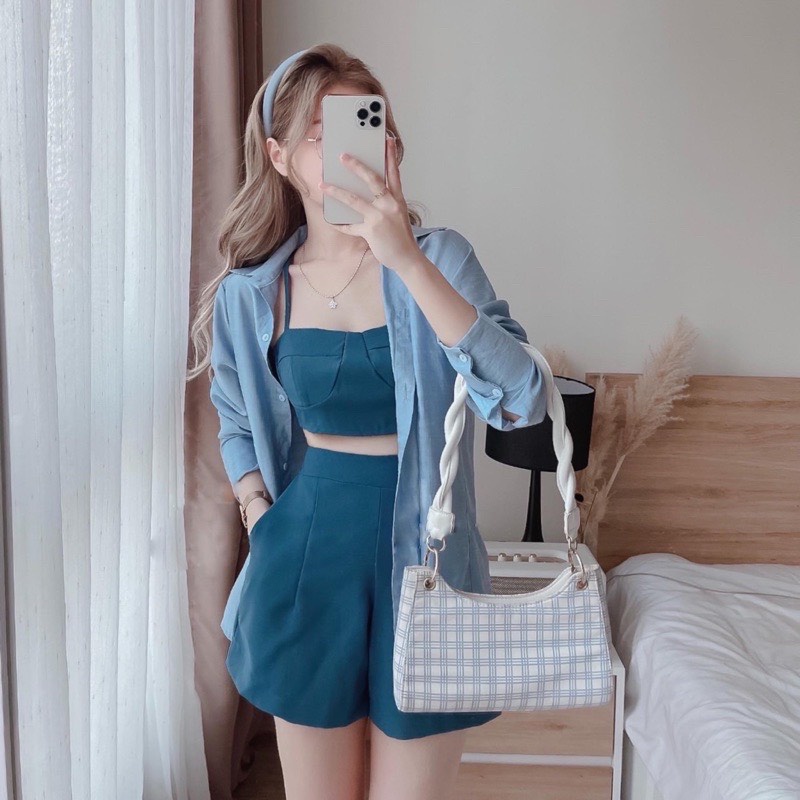 Set bộ 3 món: Áo khoác sơmi mix áo 2 dây có mút ngực,quần đùi,4 màu như hình ( xanh dương,xanh rêu,cam,hồng )
